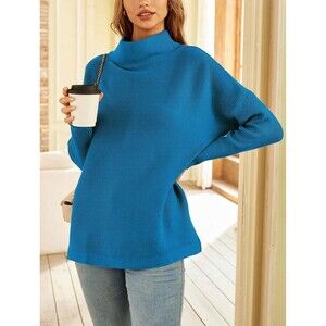 Women's Mock Turtleneck Sweater Long Batwing Sleeve Split Hem (630)